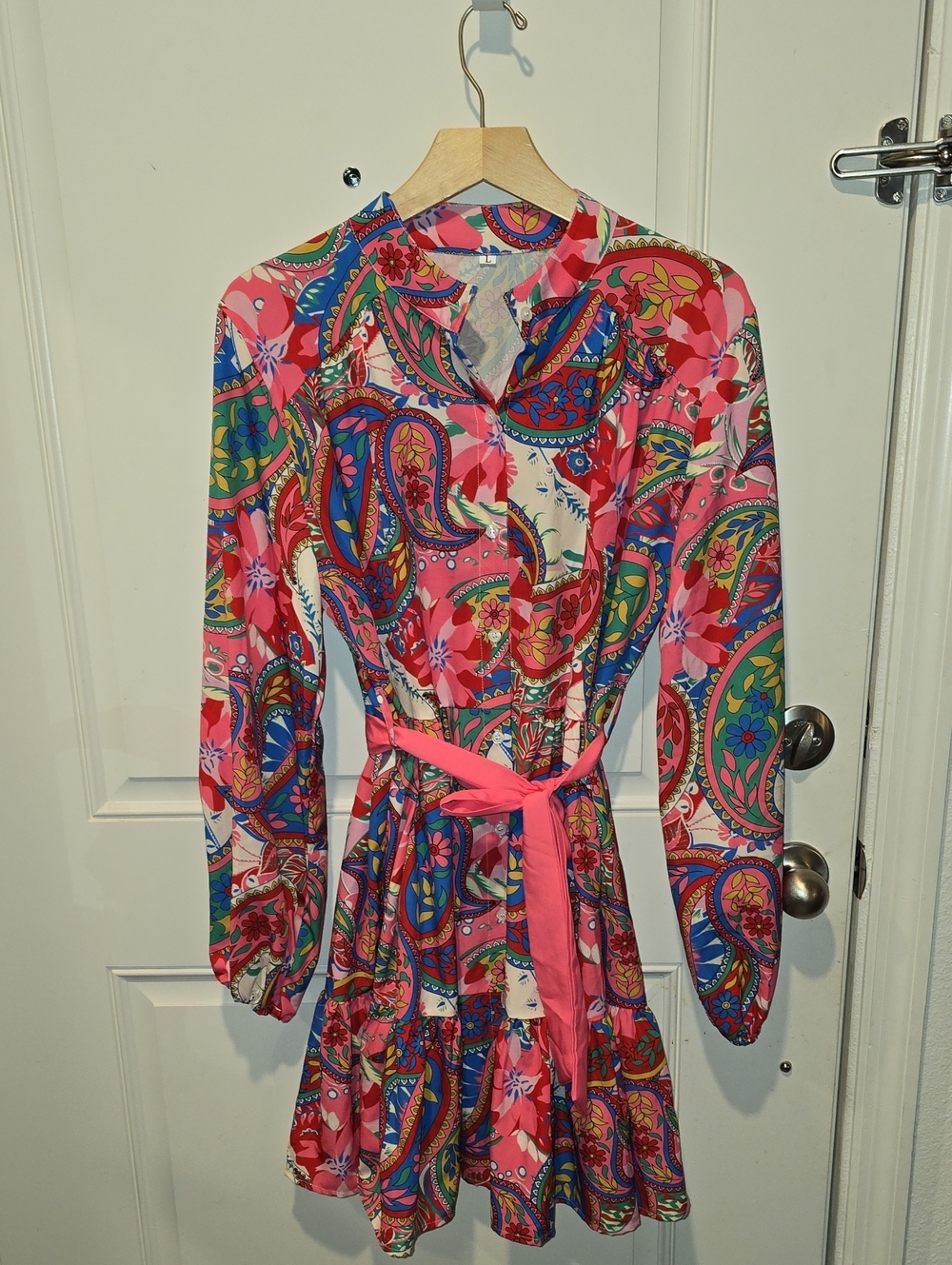 Vibrant Pink Paisley Tie-Waist Women's Dress